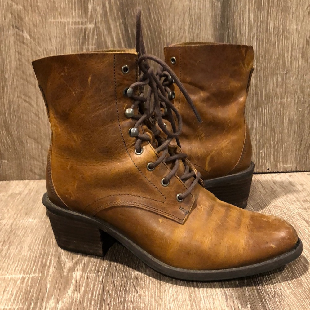 Wool rich distressed lace up booties